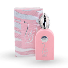 Pink Thuraya Rossa perfume bottle with silver cap by Mamlakat Al Oud