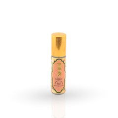 Roll-on bottle of Sandal oil with a gold cap on a white background