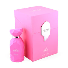 Pink perfume bottle and packaging with 'UHUD' branding on a white background