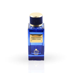 Blue perfume bottle with gold cap on a white background