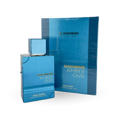Blue Al Haramain Amber Oud perfume bottle and packaging on a white background