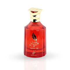 Red perfume bottle with gold cap on a white background
