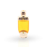 Perfume bottle with gold cap and base on a white background