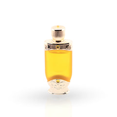 Perfume bottle with gold cap and base on a white background