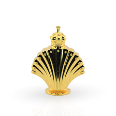 Gold shell-shaped perfume bottle on a white background