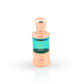 Rose gold and turquoise perfume bottle on a white background