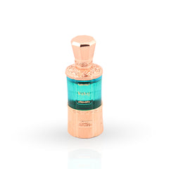 Rose gold and turquoise perfume bottle on a white background