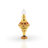 Decorative bottle with gold and red accents on a white background
