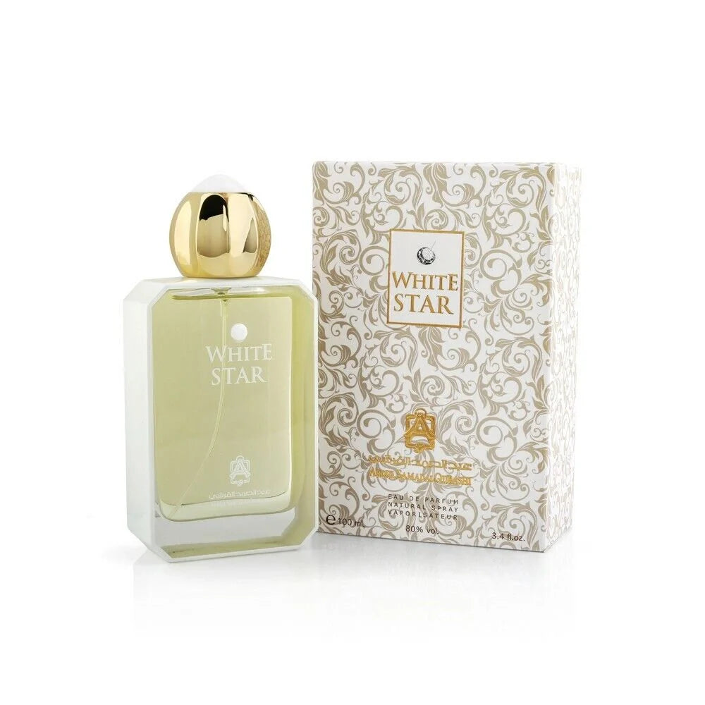 White Star 100ml bottle with golden cap and ornate white packaging