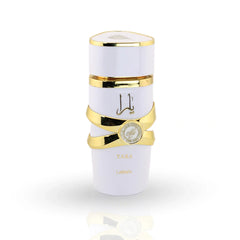 Lattafa Yara Moi white perfume bottle with gold ribbon design