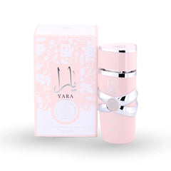 Yara perfume bottle by Lattafa in elegant pink with silver chrome accents and bow detail