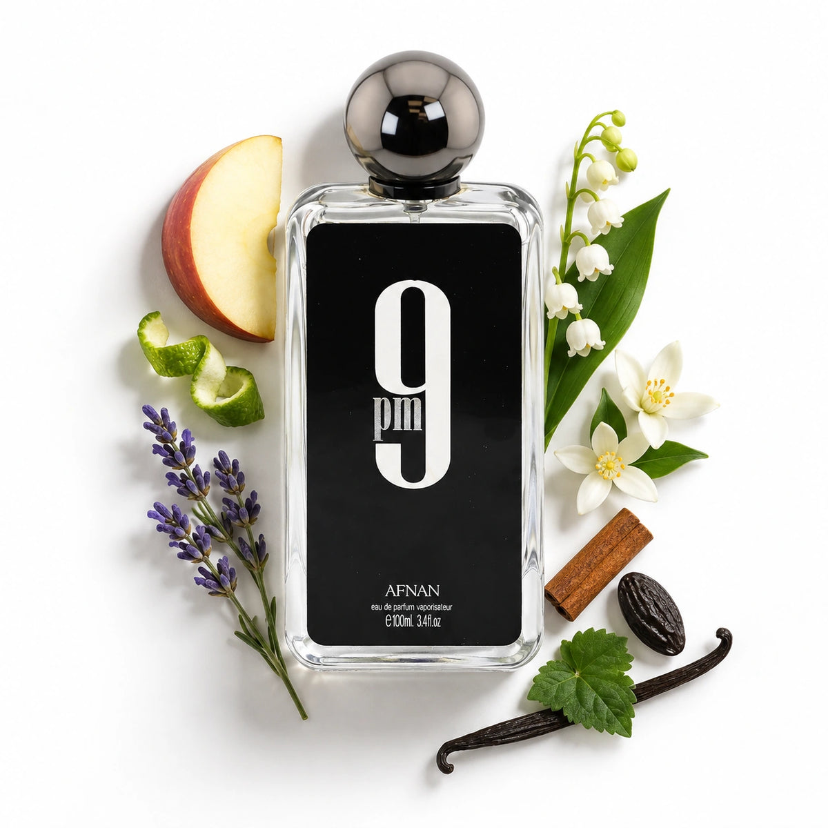 Afnan 9 PM 100ml bottle with apple, bergamot, lavandin, cinnamon, lily of the valley, orange blossom, patchouli, vanilla and tonka bean