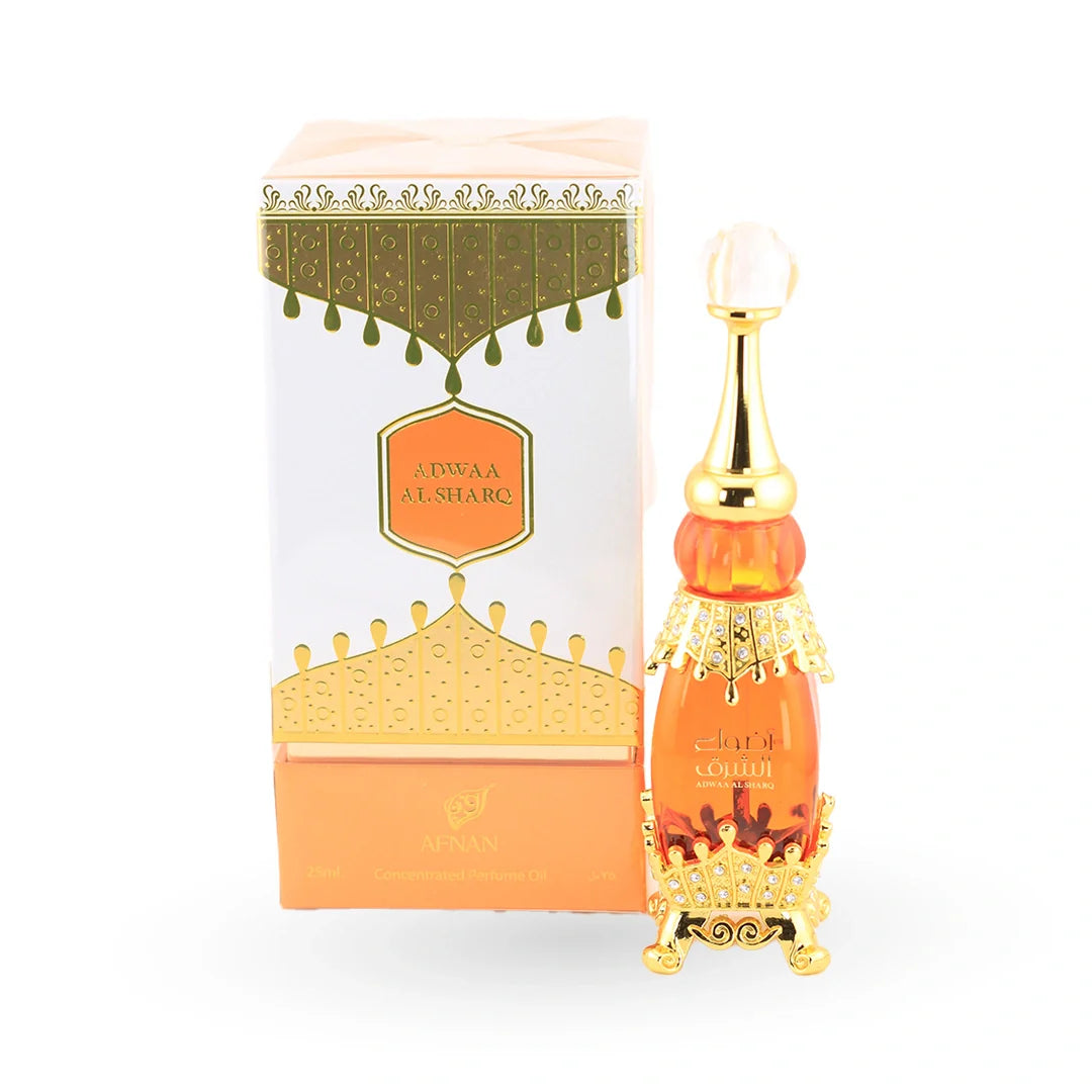 Afnan Adwaa Al Sharq Perfume Oil 25ml bottle with its box – unisex attar, notes of musk, saffron and amberwood