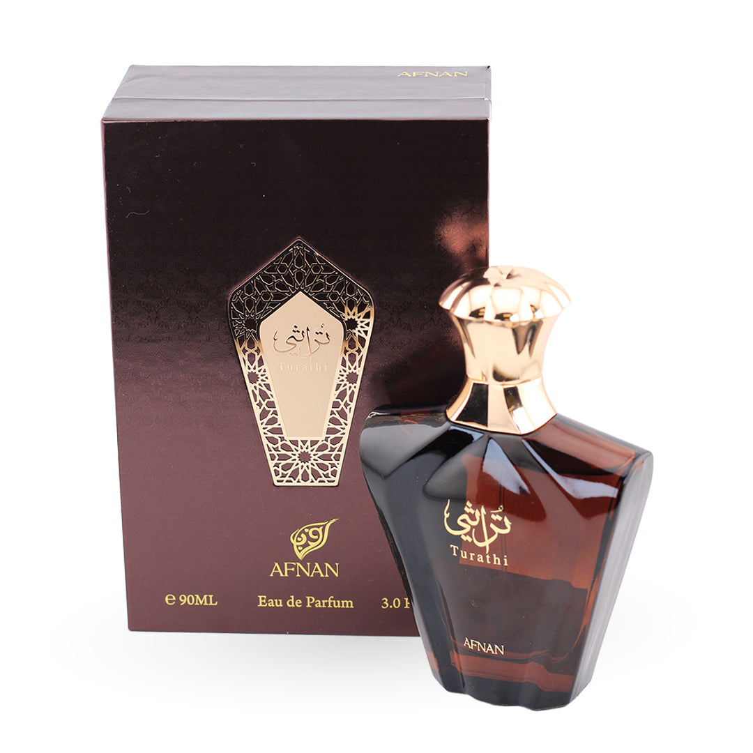 Afnan Turathi Brown Eau de Parfum 90ml bottle with its box – unisex perfume, notes of rose, patchouli and vanilla