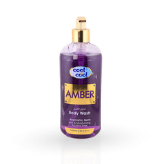 Purple bottle of Amber body wash with gold cap on a white background