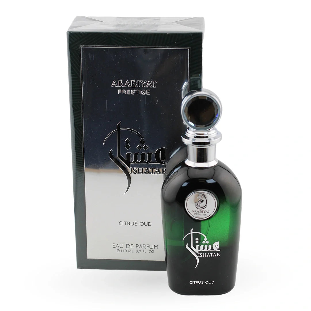 Arabiyat Ishatar Citrus Oud Eau de Parfum bottle with its box – unisex perfume, notes of cedarwood, musk and cardamom