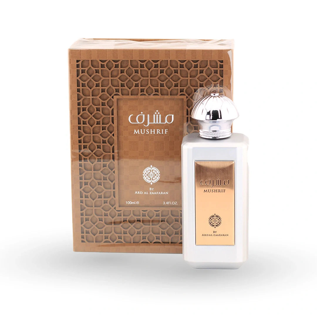 Ard Al Zaafaran Mushrif Eau de Parfum 100ml bottle with its box – unisex perfume, notes of amber, geranium and vetiver