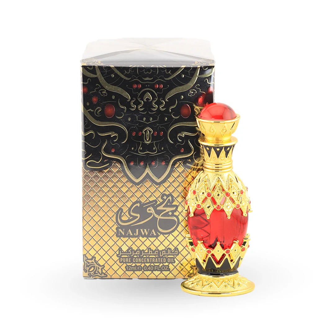 Ard Al Zaafaran Najwa Pure Perfume Oil 12ml bottle with its box – unisex attar, notes of patchouli, oud and musk