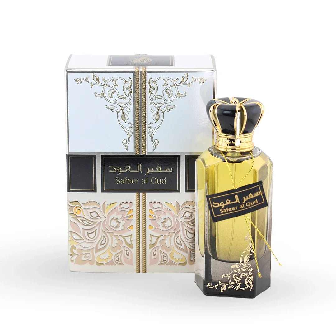 Ard Al Zaafaran Safeer Al Oud Eau de Parfum 100ml bottle with its box – unisex woody perfume, notes of guaiac wood, gujrun balm and incense