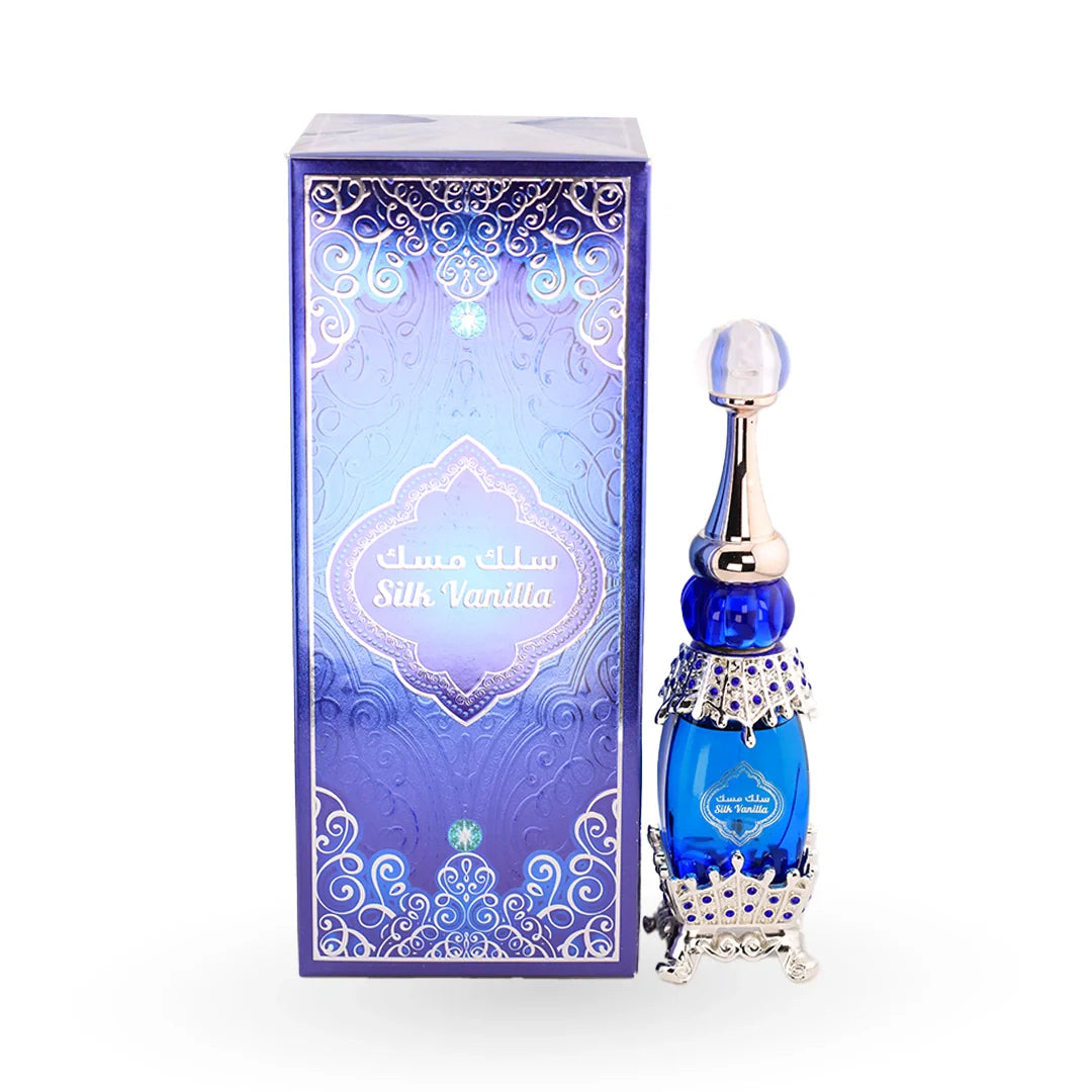 Asdaaf Silk Vanilla Perfume Oil 20ml bottle with its box – unisex floral attar, notes of white woods, amber and balsam