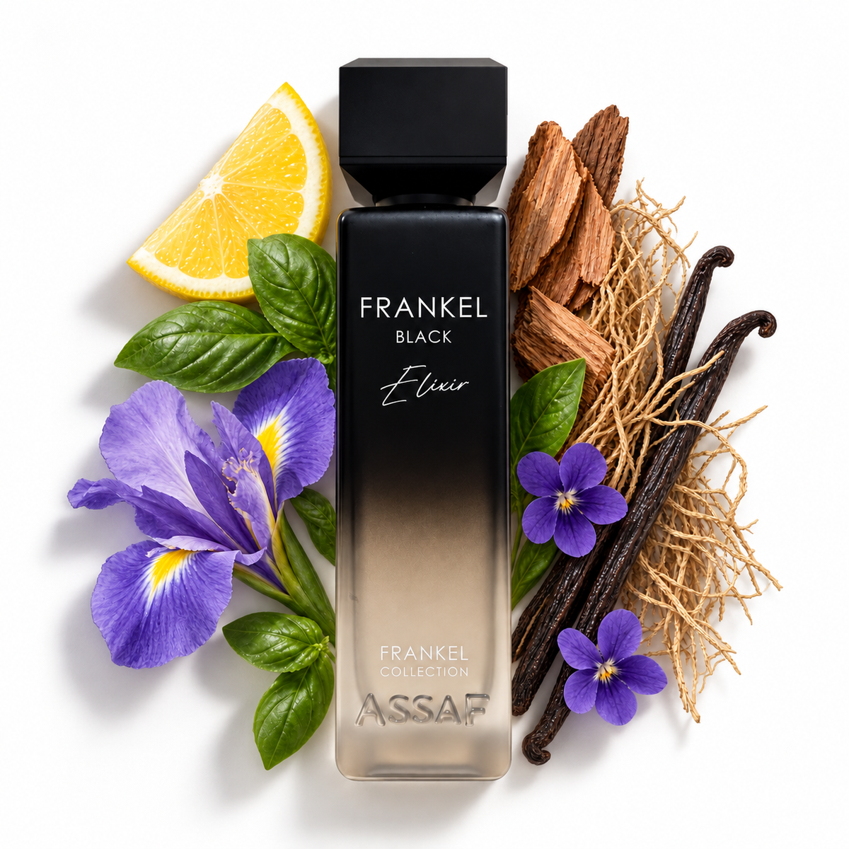 Assaf Frankel Black Elixir 200ml with lemon, iris, violet, basil, vetiver, cedarwood and vanilla notes
