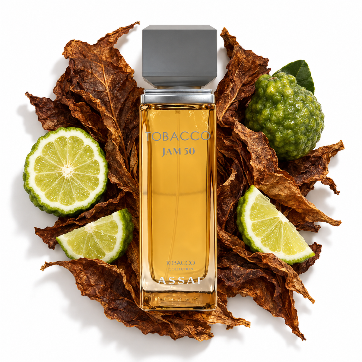 Assaf Tobacco Jam 50 100ml bottle surrounded by tobacco leaves and bergamot
