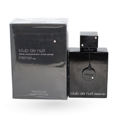 Black 'club de nuit intense' perfume bottle and packaging on a white background
