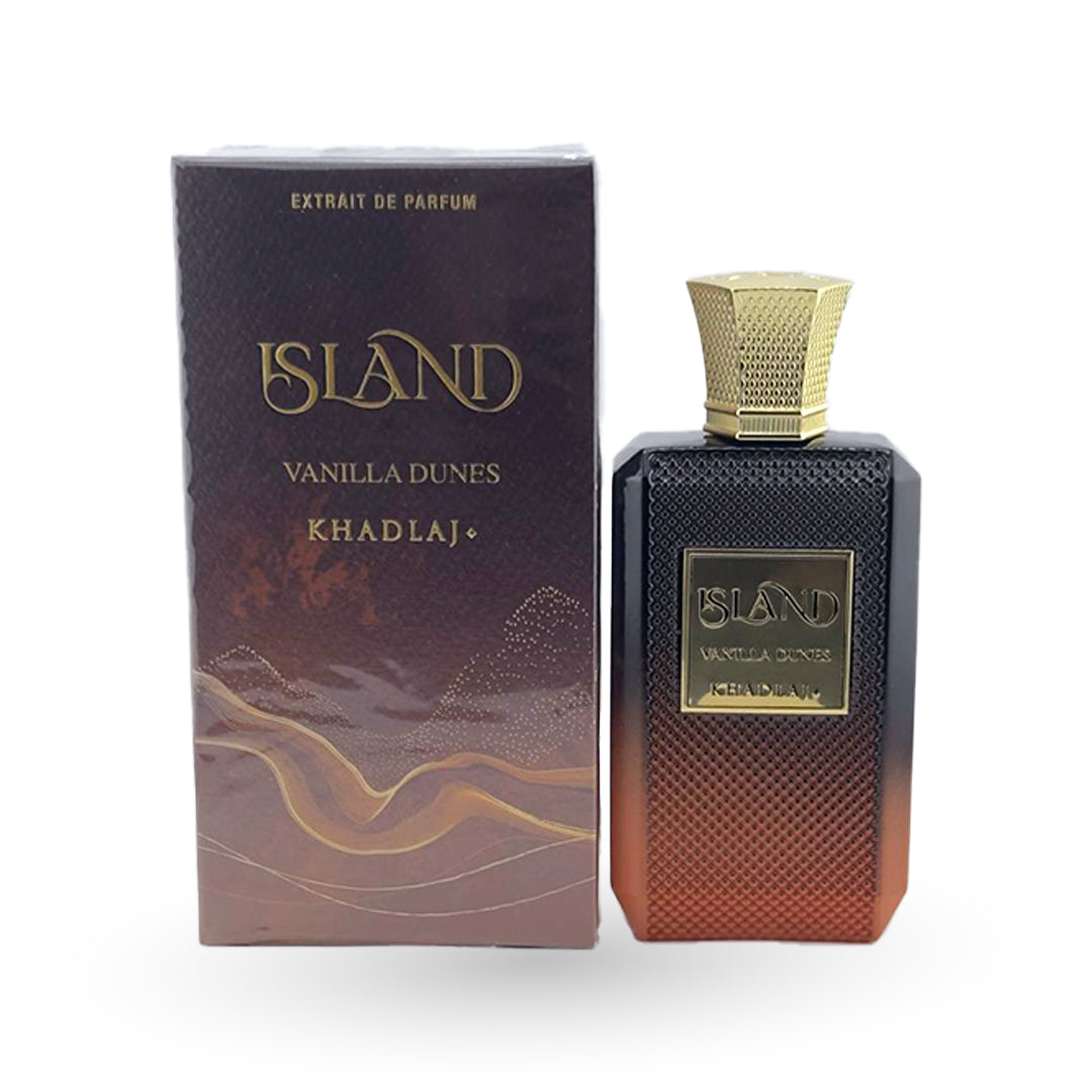 Perfume bottle and packaging of Island Vanilla Dunes Khdalaj on a white background