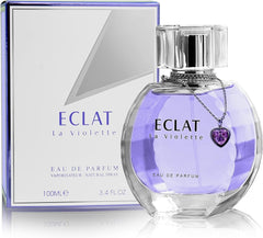 Éclat La Violette EDP 100ml purple bottle with crystal design and heart charm necklace