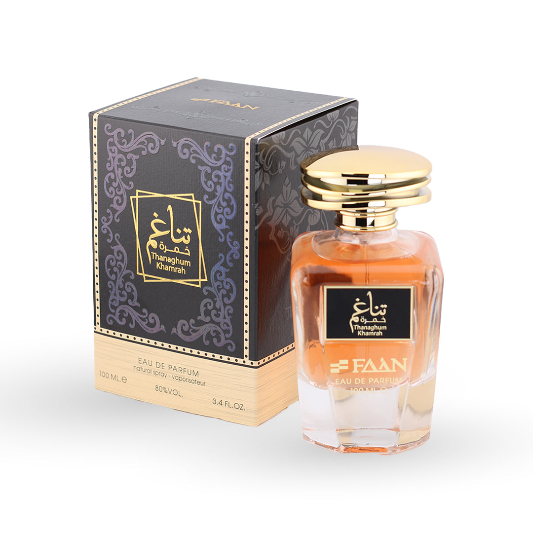 Faan Tanaghum Khamrah Eau de Parfum 100ml bottle with its box – unisex perfume, notes of heliotrope, tuberose and leather