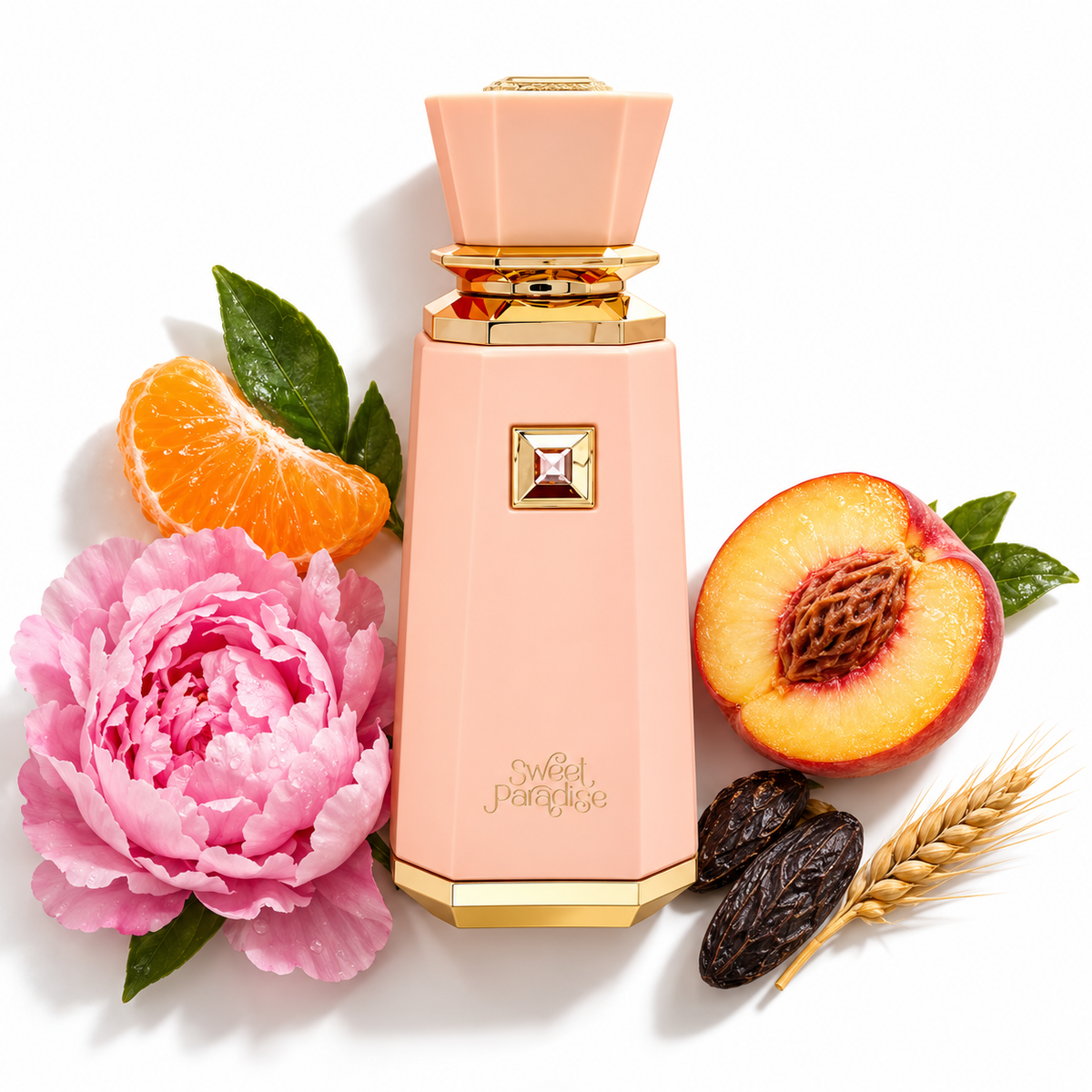 French Avenue Sweet Paradise 100ml perfume bottle on white with mandarin, peach, peony, tonka bean, barley accord fragrance-note props