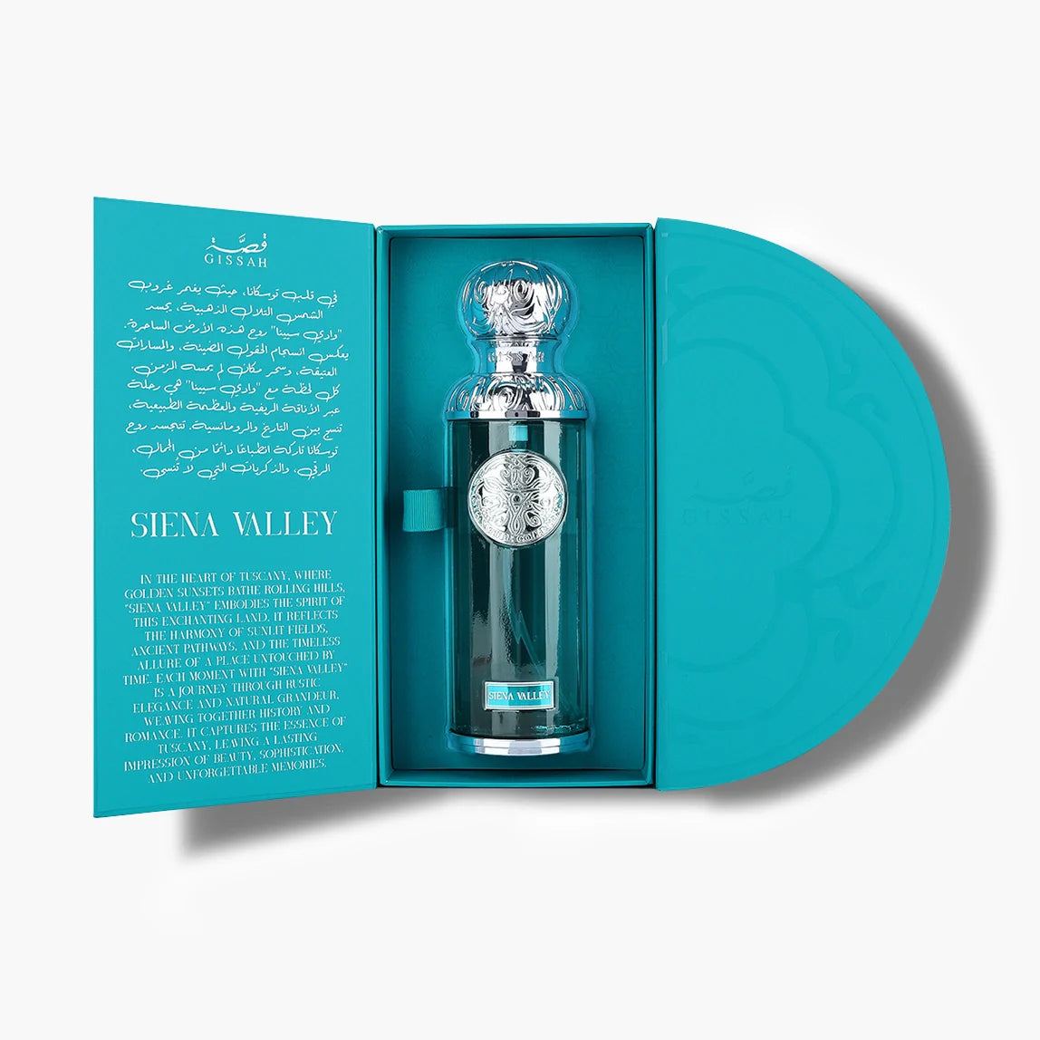 Gissah Siena Valley Eau de Parfum 200ml bottle inside open box, alternate view – unisex perfume, notes of caramel, patchouli and raspberry
