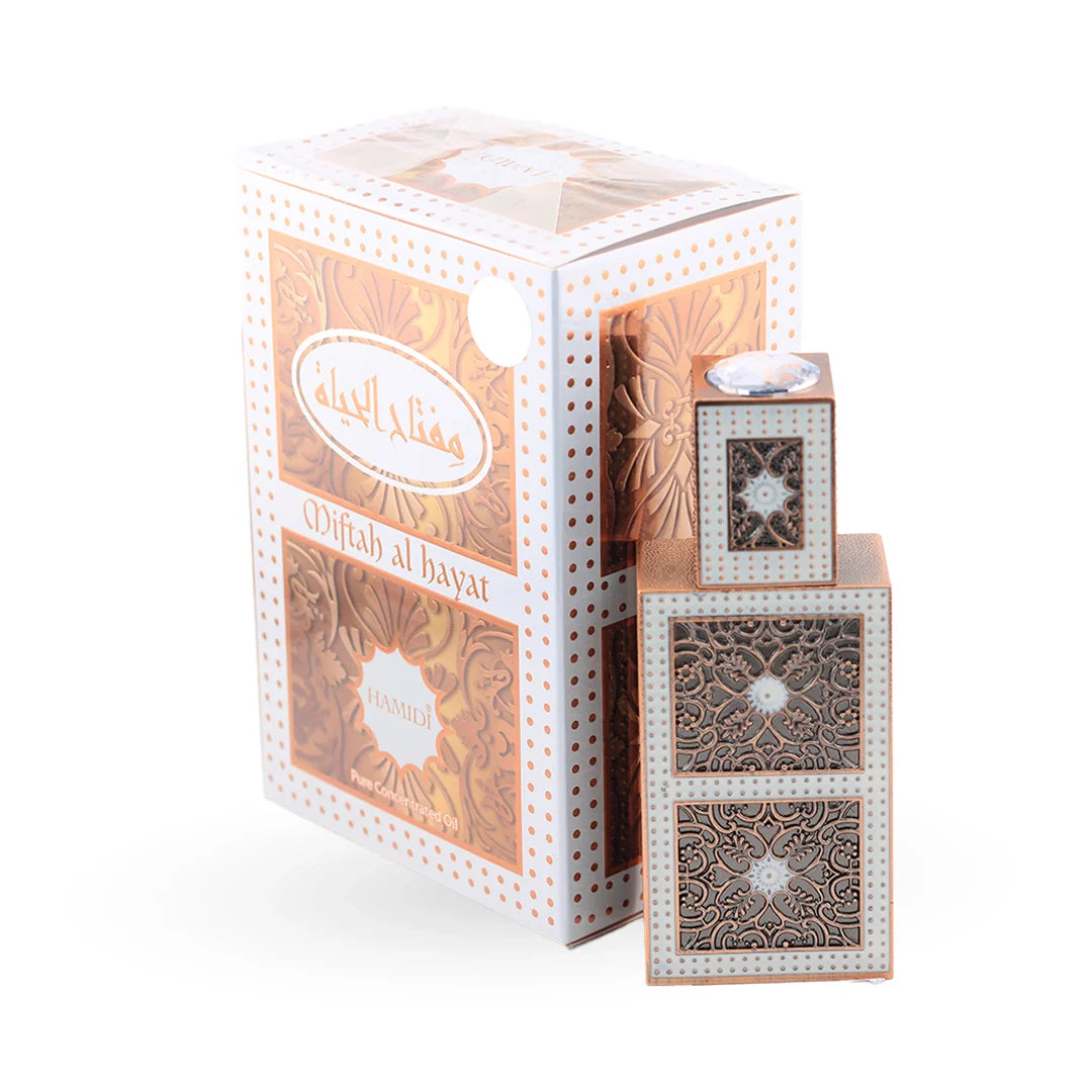 Hamidi Miftah Al Hayat Perfume Oil bottle with its box – unisex floral attar, notes of oud, neroli and ylang-ylang