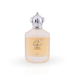 Perfume bottle with a silver crown cap on a white background