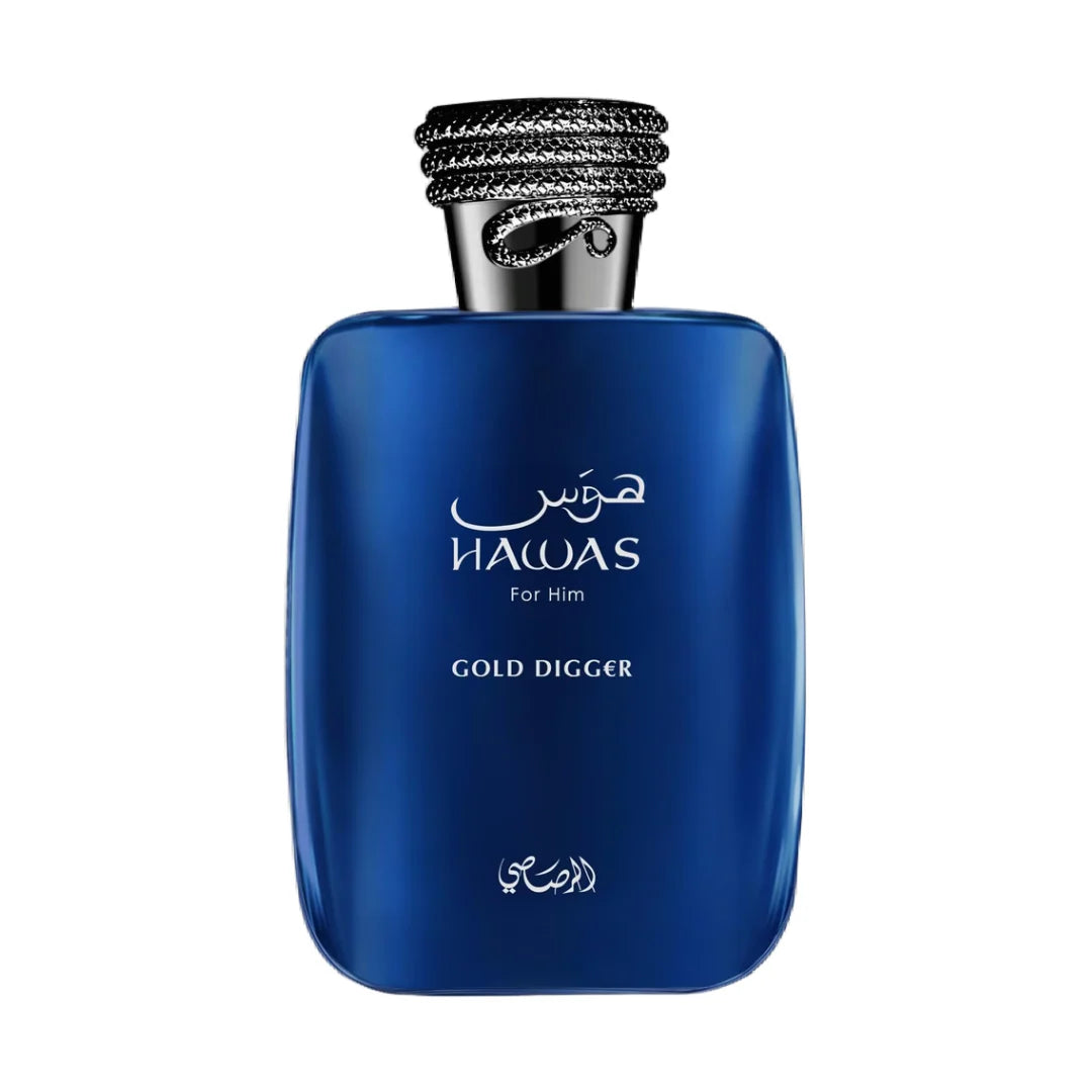 Rasasi Hawas Gold Digger Eau de Parfum 100ml deep blue bottle with dark silver snake cap