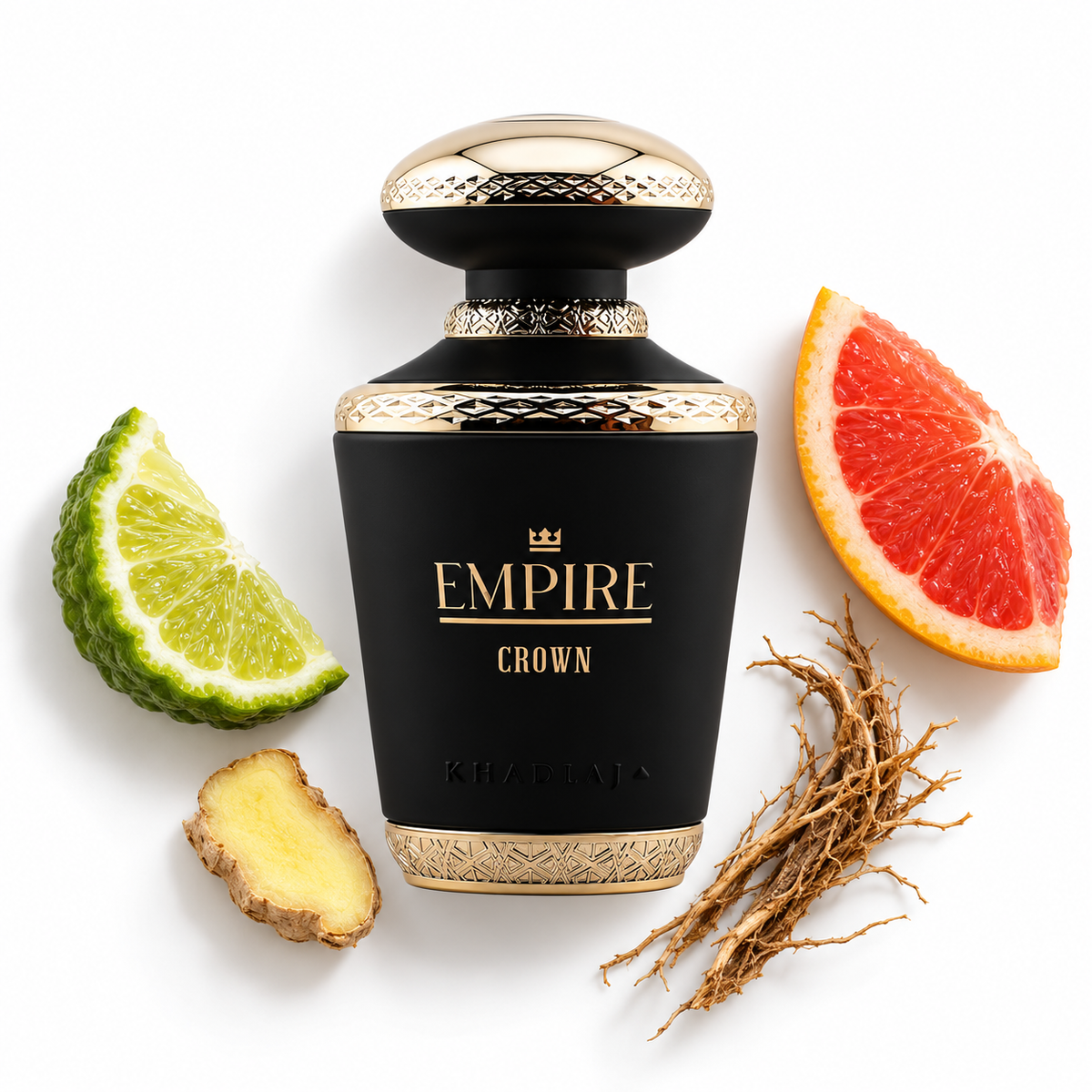 Khadlaj Empire Crown 100ml bottle on a white background with bergamot, grapefruit, ginger and vetiver