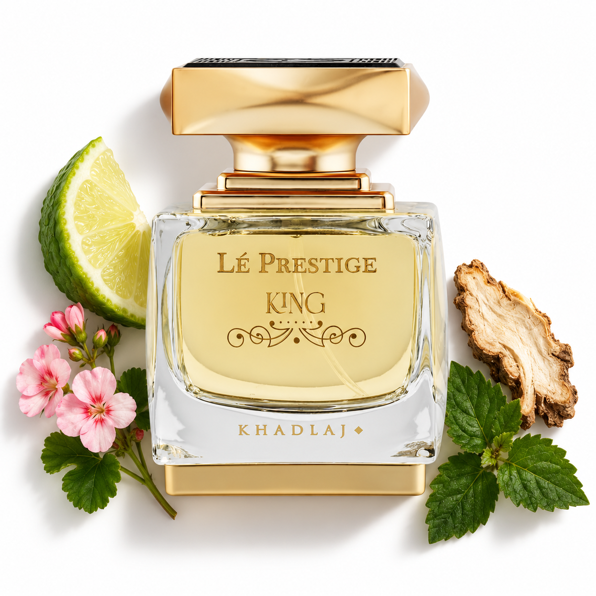 Khadlaj Le Prestige King 100ml bottle on a white background with bergamot, geranium, orris and patchouli