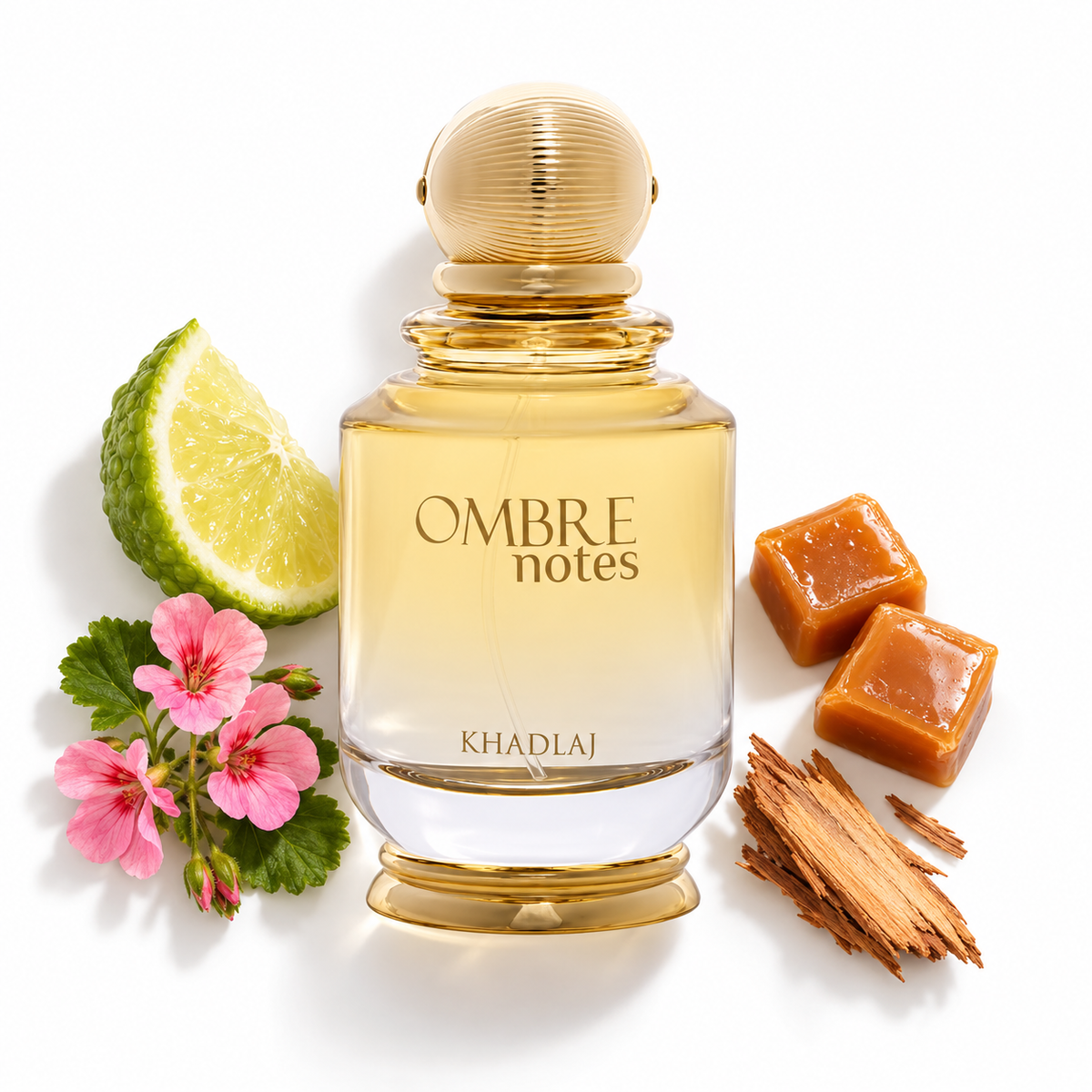 Khadlaj Ombre Notes 100ml bottle on a white background with bergamot, geranium, caramel and cedarwood