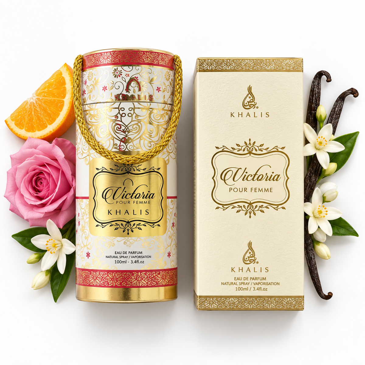 Khalis Victoria Pour Femme Eau de Parfum 100ml on white with verified fragrance-note accents.