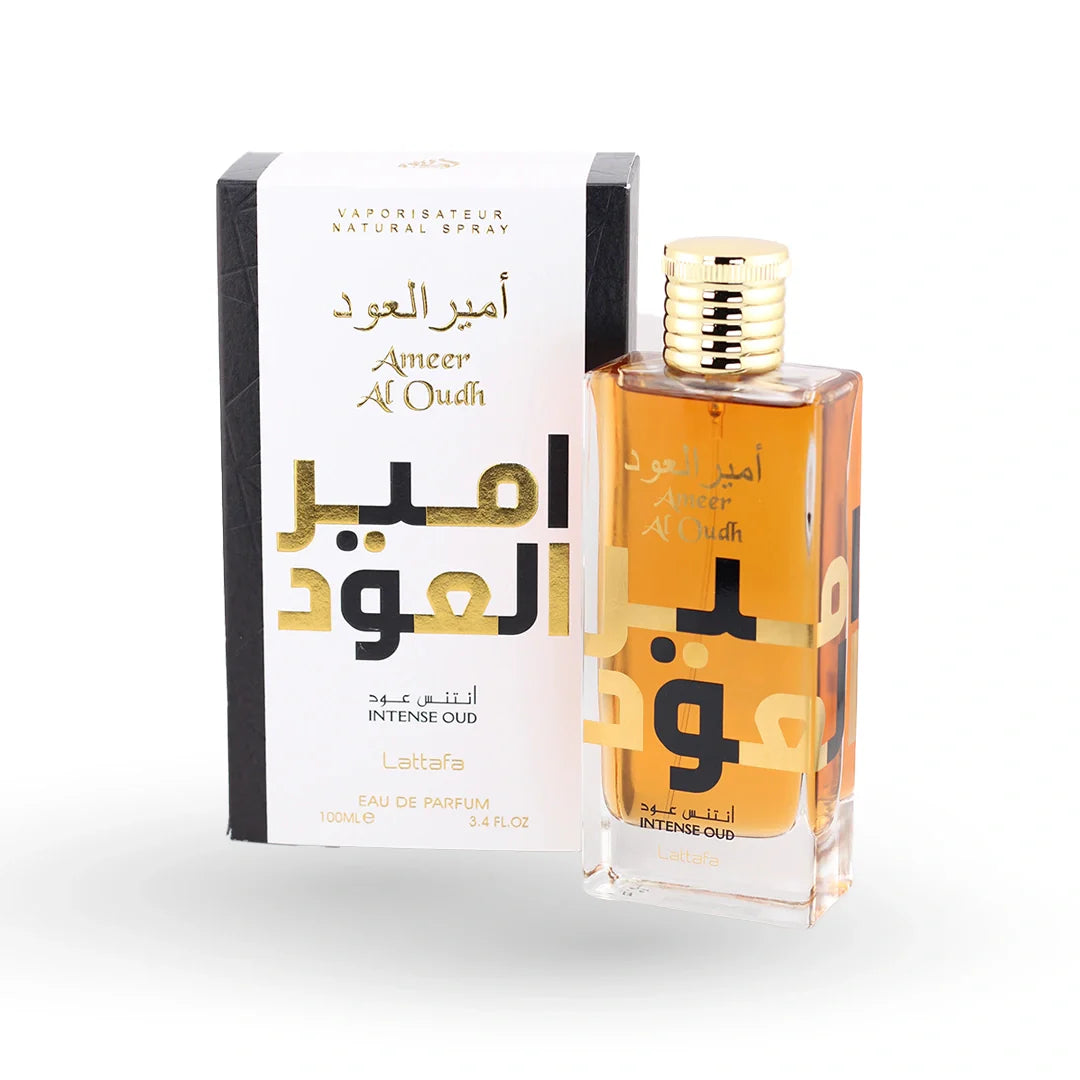 Lattafa Ameer Al Oudh Intense Eau de Parfum 100ml bottle with its box – unisex woody perfume, notes of sugar, vanilla and sandalwood