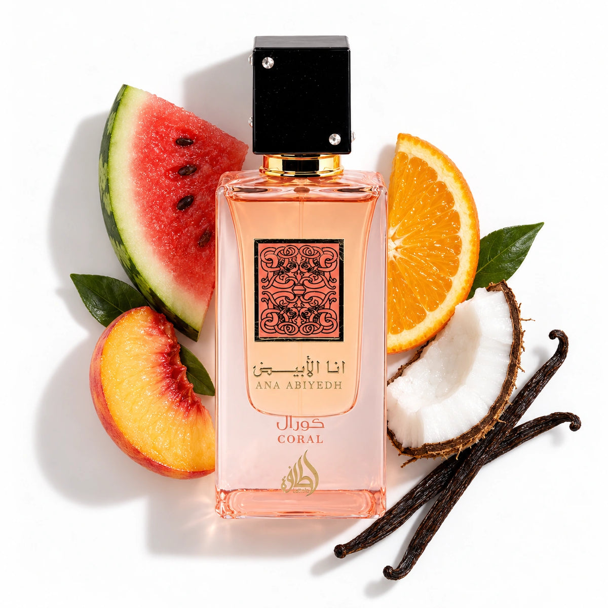 Lattafa Ana Abiyedh Coral 60ml bottle with watermelon, peach, orange, coconut and vanilla
