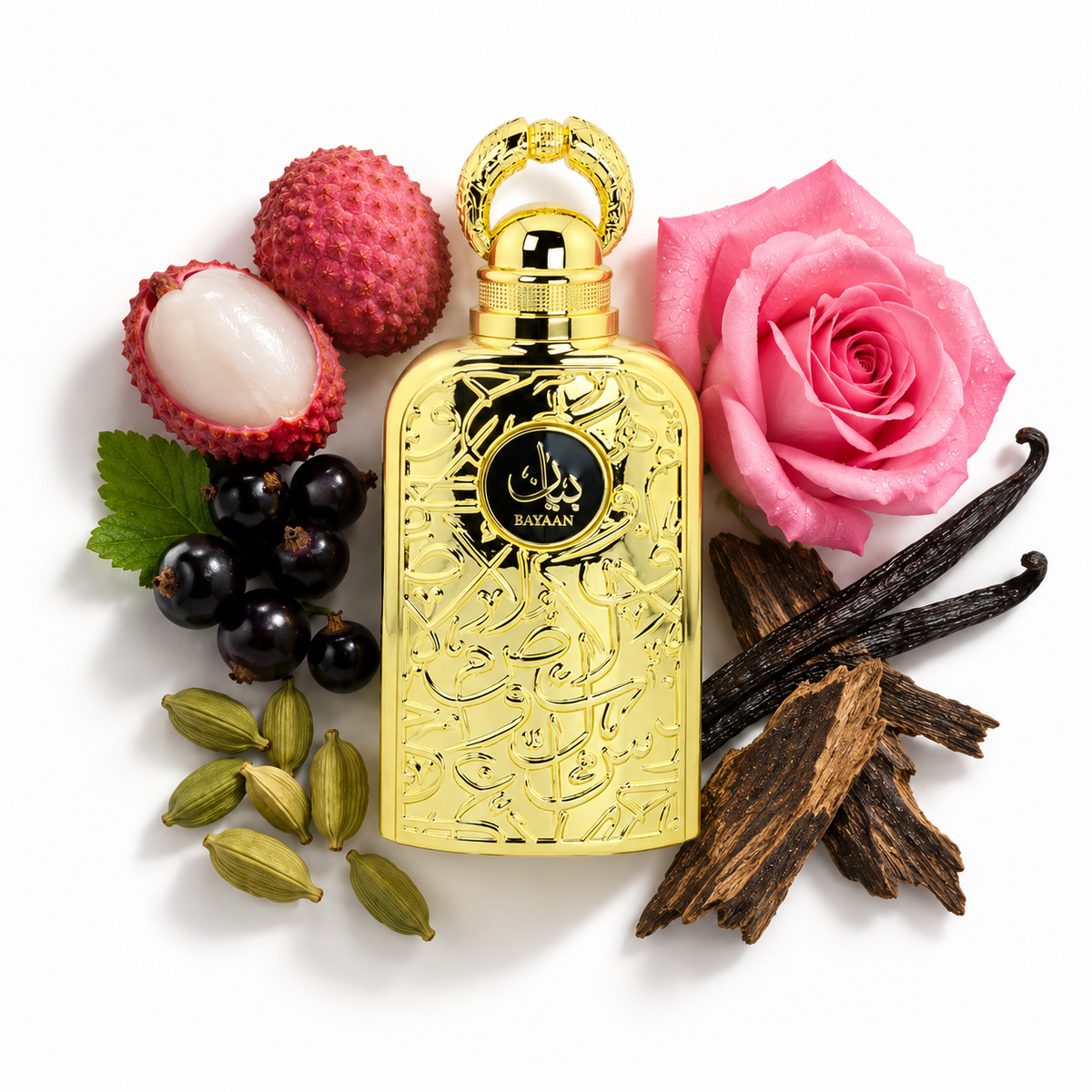 Lattafa Bayaan Eau de Parfum 100ml bottle with lychee, blackcurrants, rose, cardamom, vanilla and oud wood – unisex floral fruity gourmand perfume, notes of cinnamon, orange blossom and moss