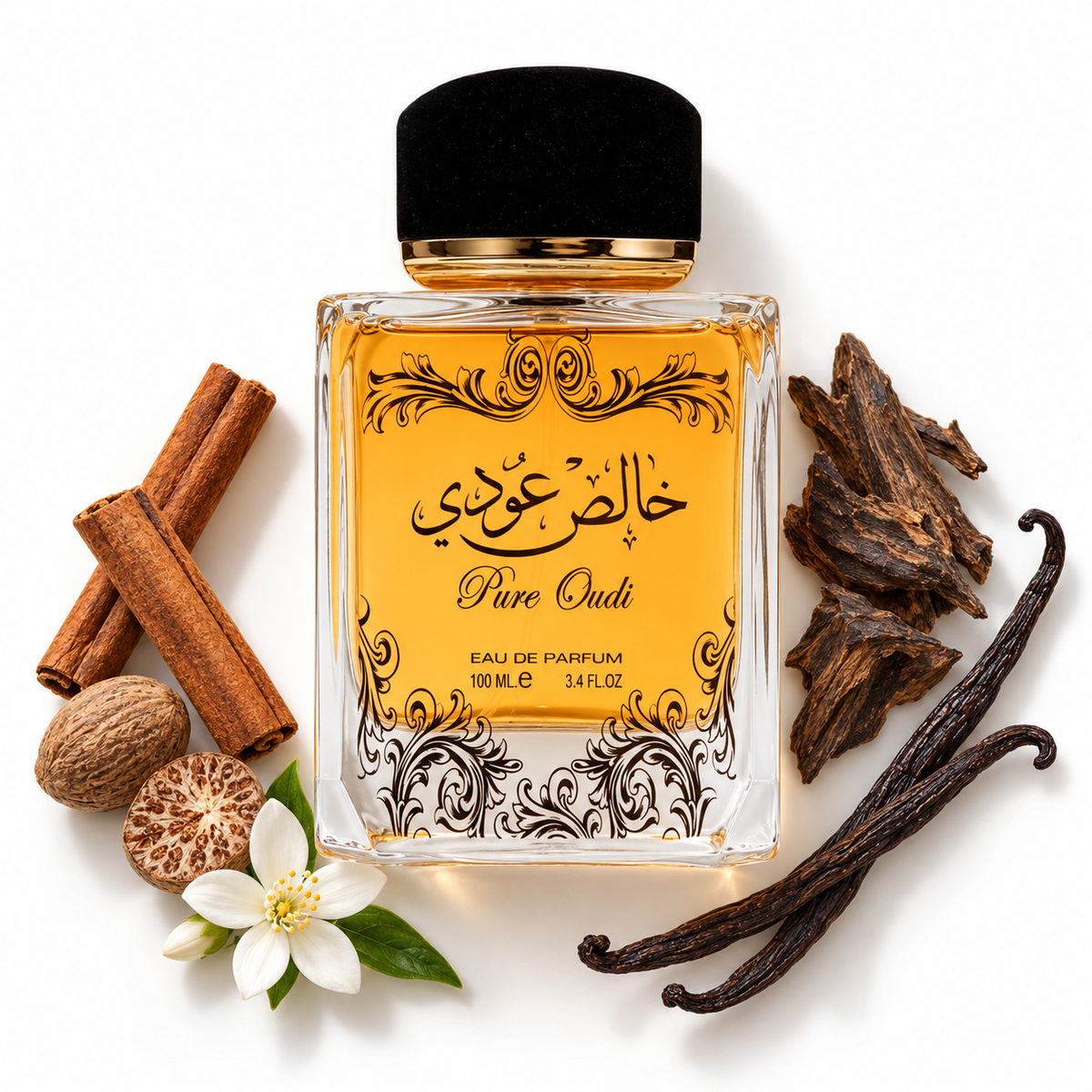 Lattafa Khalis Oudi 100ml bottle on white with cinnamon sticks, nutmeg, oud wood chips, jasmine flower, vanilla pods.