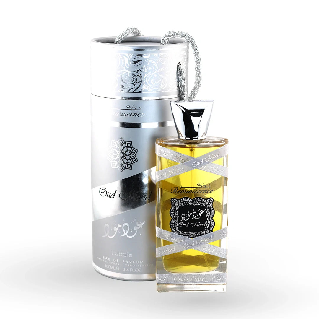 Lattafa Oud Mood Reminiscence Eau de Parfum bottle with its box – men's woody oud perfume, notes of bay leaves, cedarwood and saffron