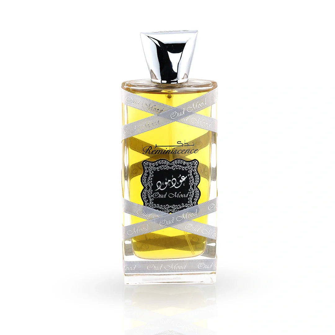 Lattafa Oud Mood Reminiscence Eau de Parfum bottle – men's woody oud perfume, notes of raspberry, amber, sandalwood and orange