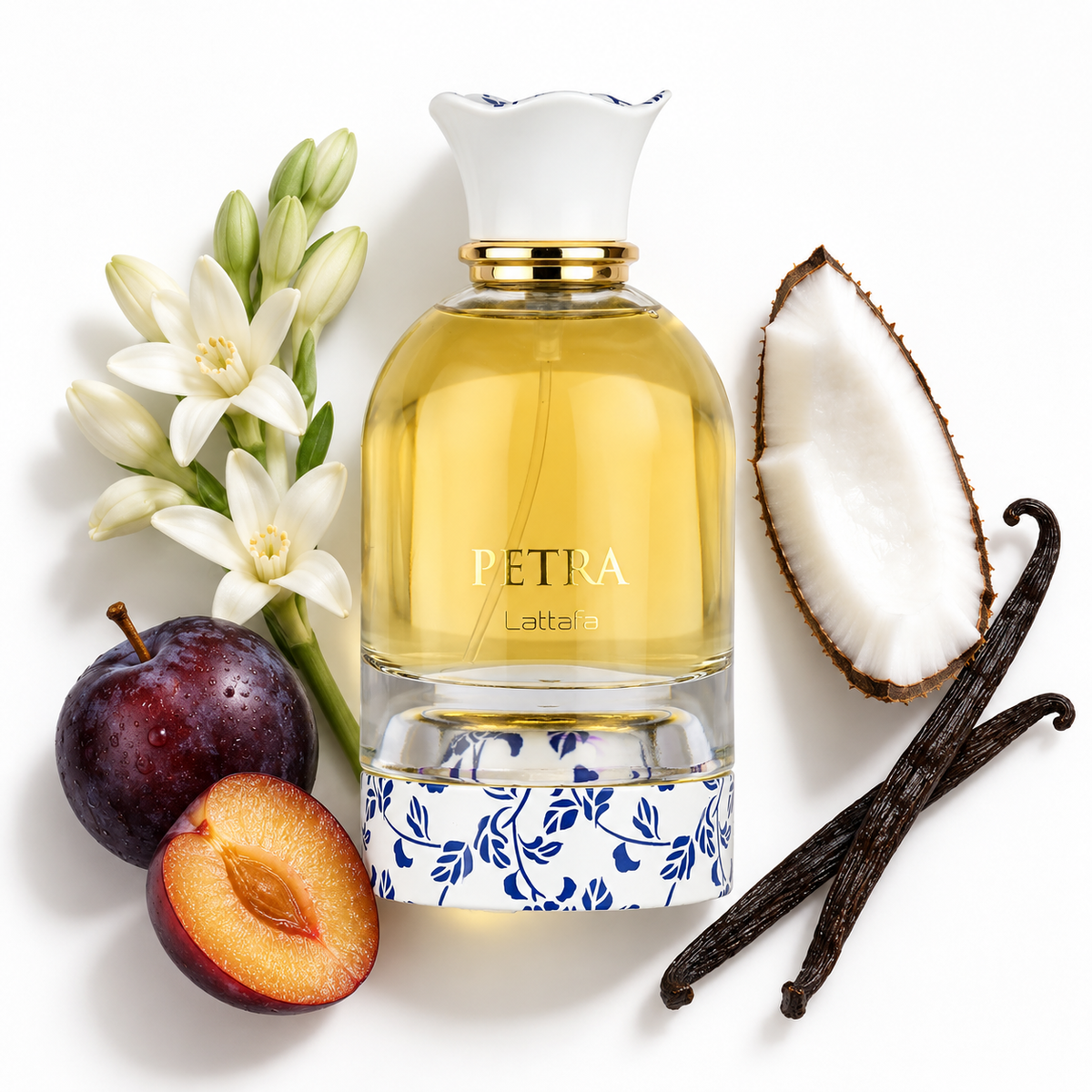Lattafa Petra 100ml bottle on white with plum, coconut, tuberose flowers, vanilla pods.
