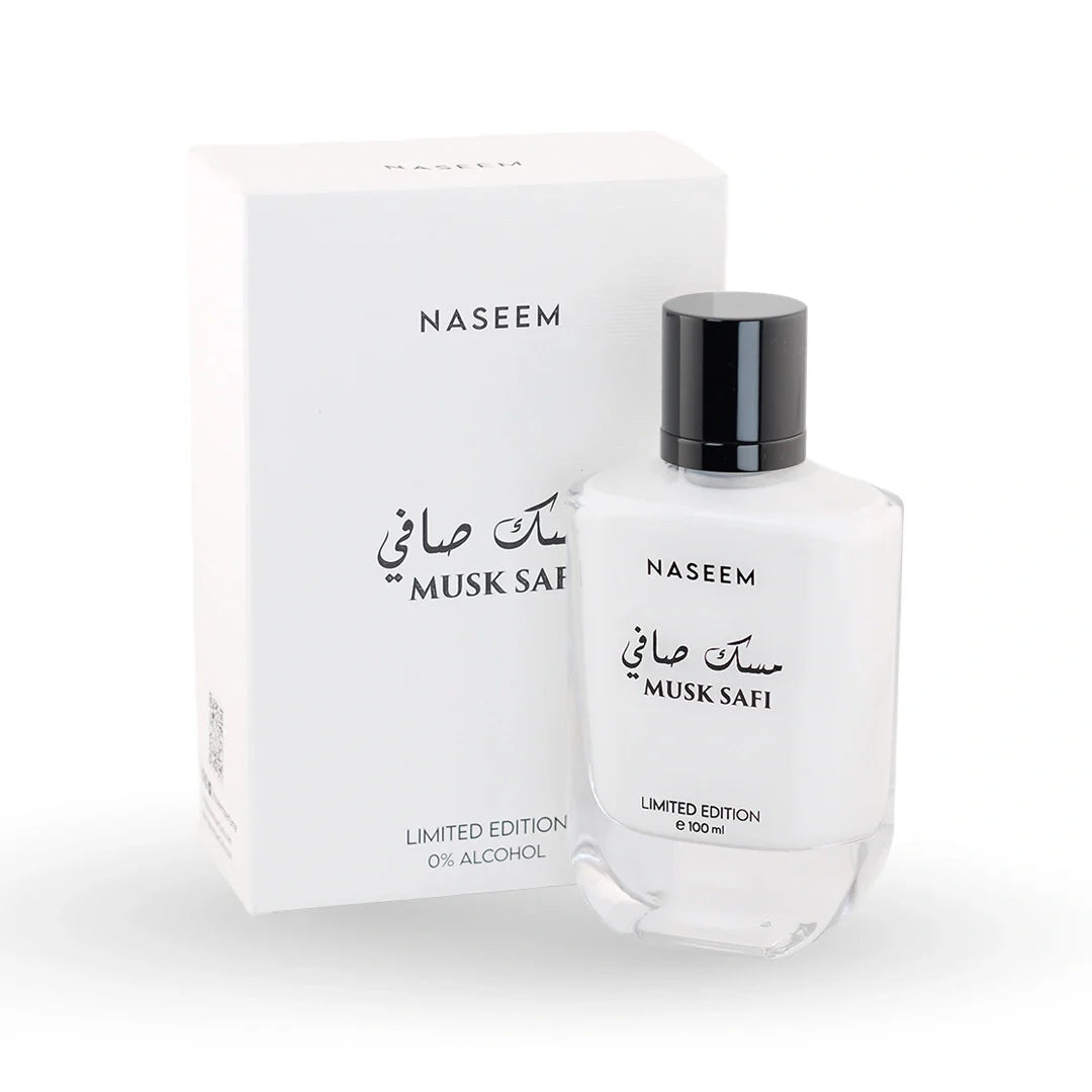 Naseem Musk Safi Eau de Parfum 100ml bottle with its box – unisex floral perfume, notes of lily of the valley, sandalwood and amber
