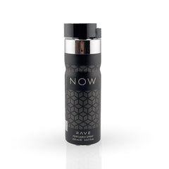 Black and silver spray bottle labeled 'NOW' on a white background