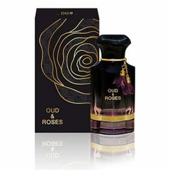 Black Oud & Roses perfume bottle by Ahmed Al Maghrebi with gold rose design