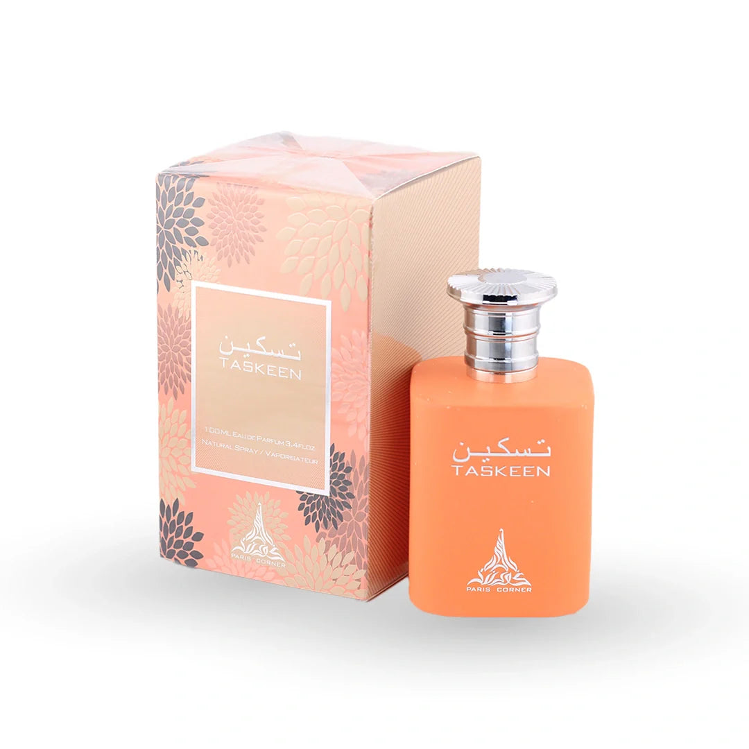 Paris Corner Taskeen Eau de Parfum 100ml bottle with its box – unisex amber perfume, notes of cognac, tonka bean and cardamom